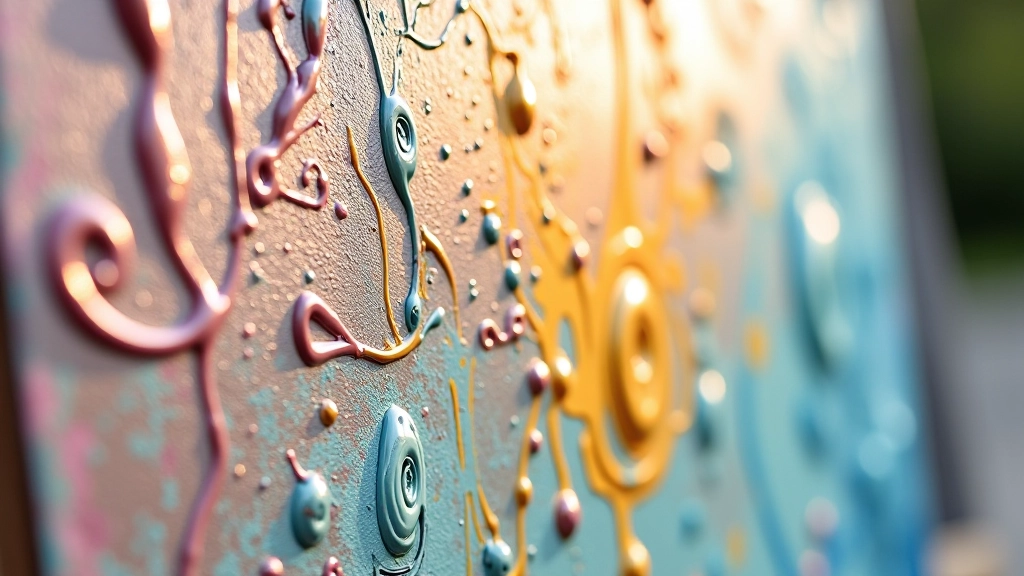 Textured acrylic painting surface showing palette knife marks, impasto technique, and three-dimensional paint application creating shadows