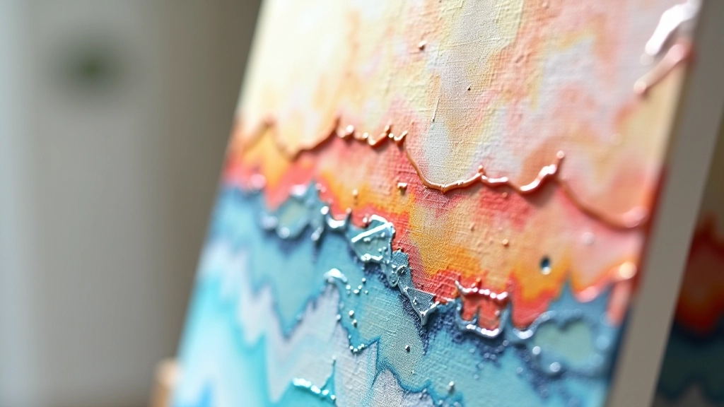 Close-up of acrylic painting showing multiple translucent layers with visible colour shifts and texture build-up on canvas surface