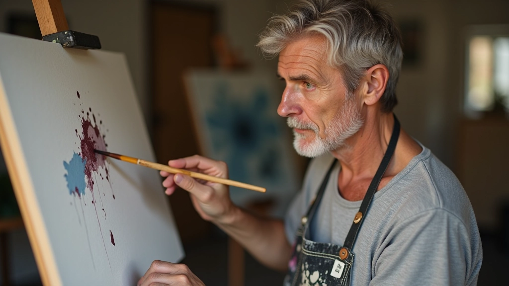 Artist's hand holding synthetic brush poised over acrylic-painted canvas with visible layered brushstrokes and colour transitions