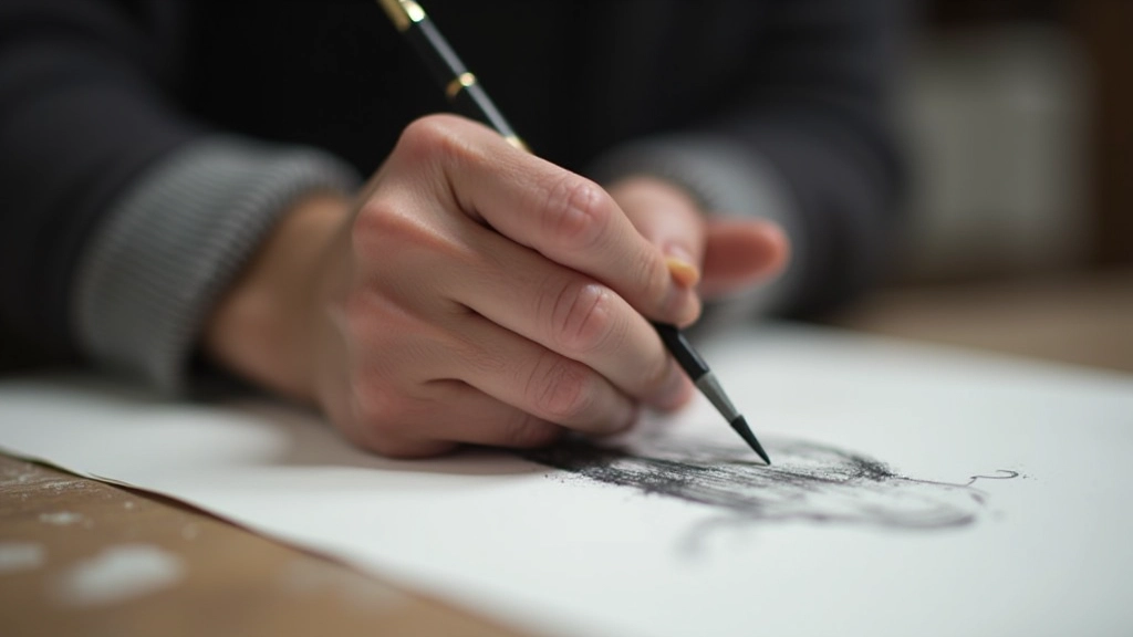 Hand demonstrating blending charcoal with a tortillon tool on textured drawing paper