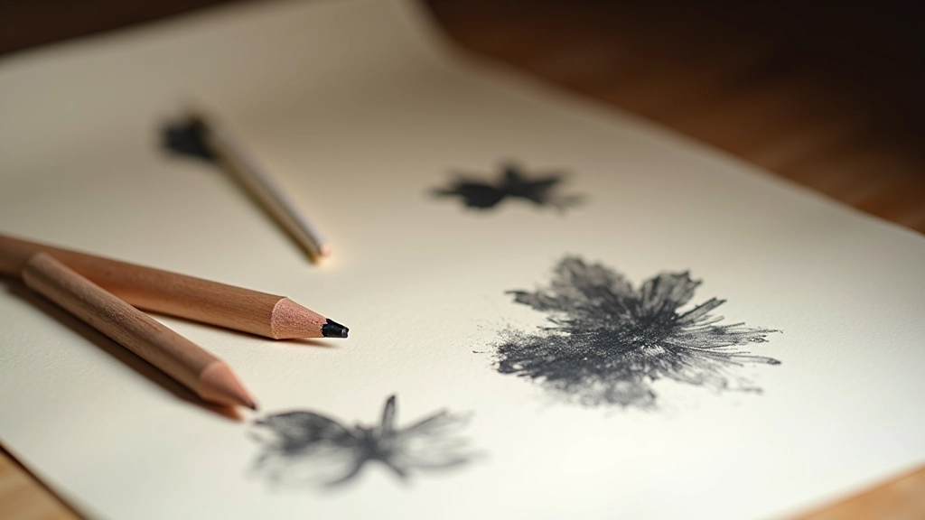 Charcoal pencils and charcoal sticks arranged on white paper showing different grades and types