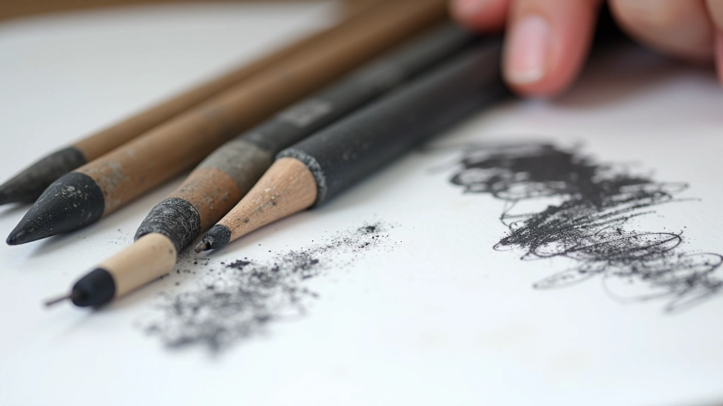Close-up of charcoal sticks and blending stumps arranged on a white surface with sample stroke marks