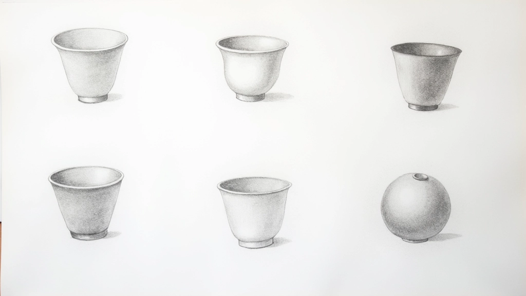 Multiple charcoal sketches of basic objects showing progression from light study to fully developed drawing