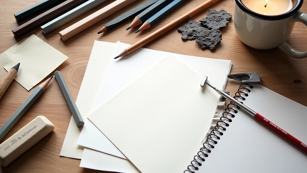 Selection of drawing materials including charcoal, graphite pencils, erasers, and paper textures