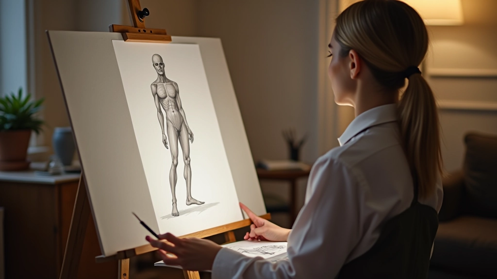 Life drawing studio with wooden easel, canvas, charcoal materials, and natural window lighting setup
