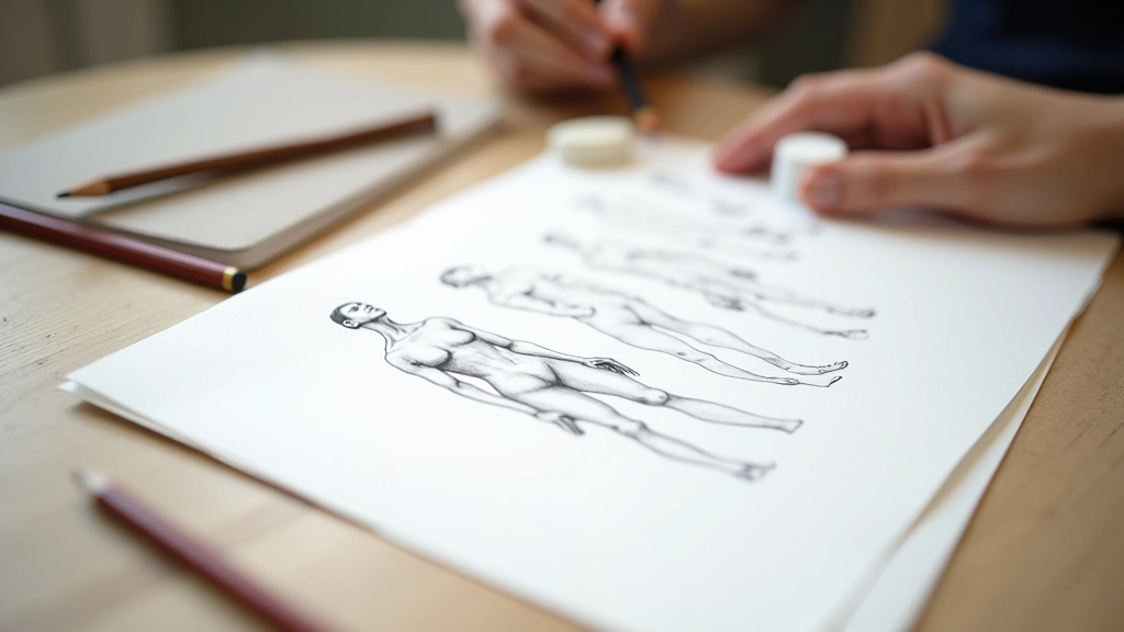 Anatomical proportion guides and gesture sketches showing body measurement relationships