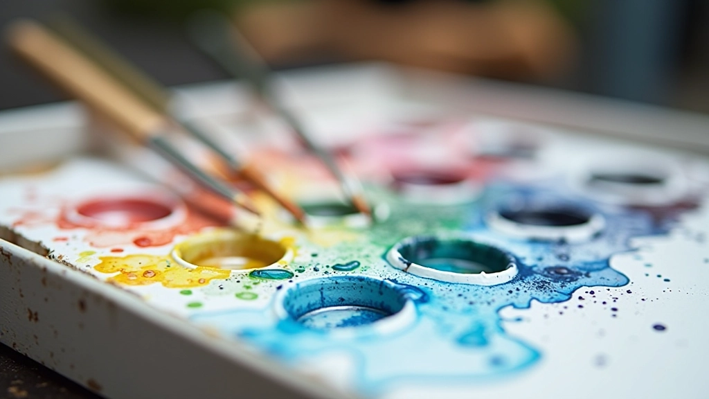 Top-down view of watercolour palette with brush applying water to pigment, showing the wet medium in action with visible water droplets