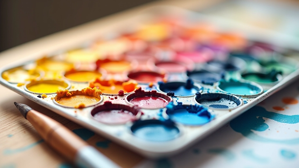 Colour mixing demonstration on watercolour palette showing warm and cool versions of primary colours blending together