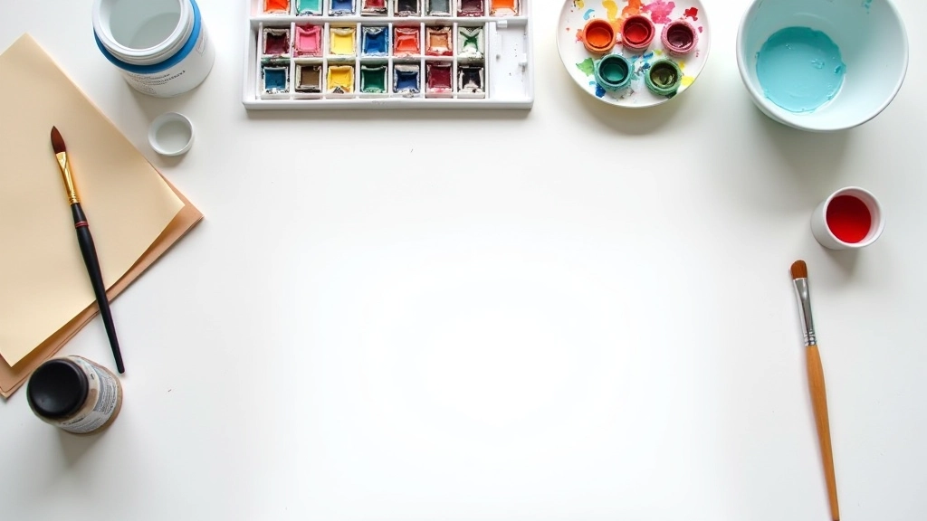 Organized watercolour starter kit laid out neatly with paints, brushes, water containers, paper, and sponge ready for use