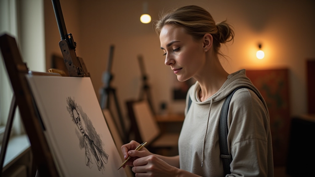 Adult student concentrating on life drawing sketch during evening session, charcoal in hand