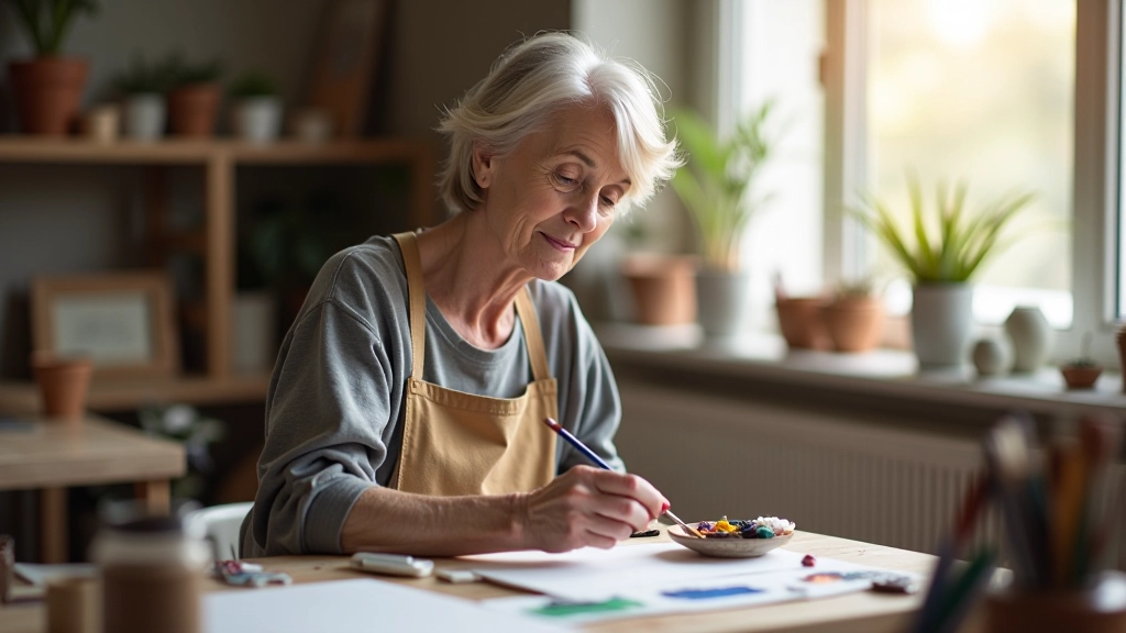 Mature artist sitting at a well-lit studio table with watercolour supplies, concentrating on her painting, warm afternoon light from window
