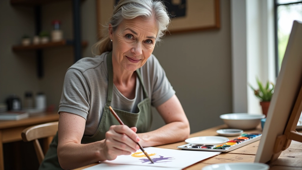 Mature artist working on watercolour painting at a studio table with brushes and palette