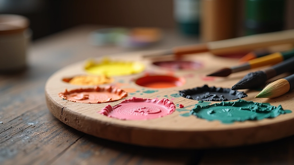Artist's palette with acrylic paint mixed colours showing colour theory examples, warm and cool tones, complementary colour pairs